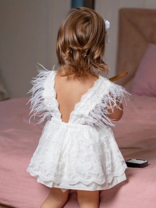 White Christening Feather Dress for Baby Girl