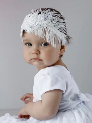 Girl Christening Headband with White Feathers, Lace and Pearls