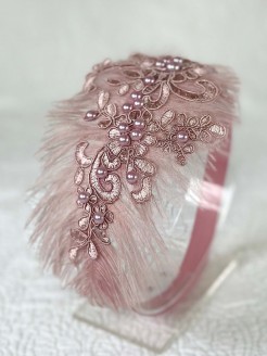 Vintage Pink Feather Wedding Headband with Lace