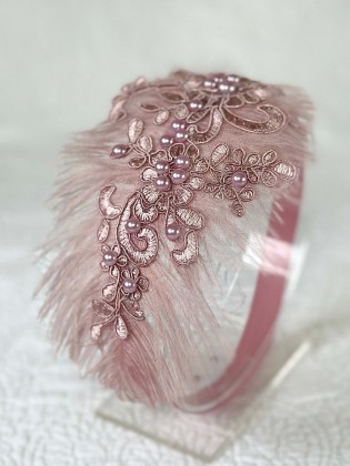 Girl Dusty Pink Lace and Feather Headband