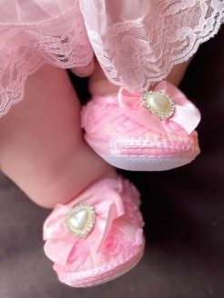 Baby Girl Christening Satin Shoes Pink Rosette and Pearl
