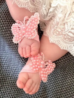 Baby Girl Barefoot Sandals Pink Pearls Butterflies