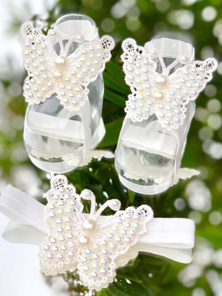 Baby Christening Barefoot Sandals Ivory White Pearls Butterfly