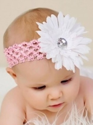 Crochet baby girl occasion headband white flower with pink
