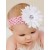 Crochet baby headband white flower with pink