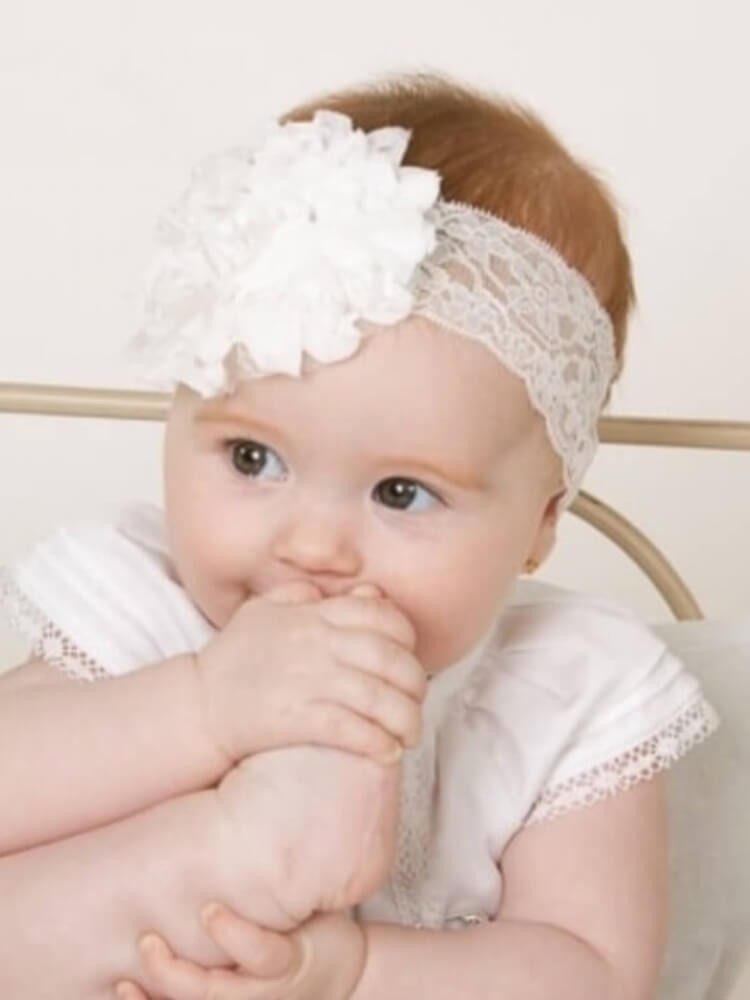 White frayed flower on soft lace baby headband