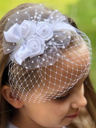 Handmade Girl First Communion Headband With Roses and Birdcage Netting