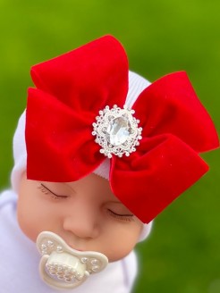 Newborn Hospital Hat For Girl Red Velvet Crystal Bow