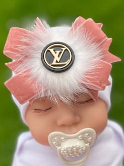 Newborn Girl Hat for Hospital Vintage Pink Velvet Initial Bow