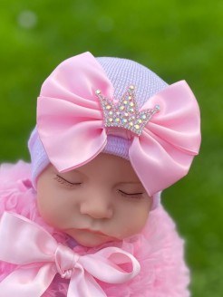 Newborn Hospital Hat Pink Crystal Crown Bow