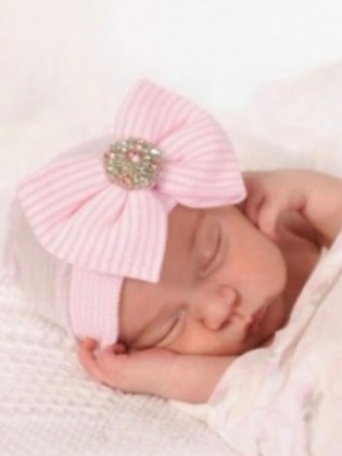 Newborn Baby Girl Hospital Hat Pink With Bow And Rhinestone