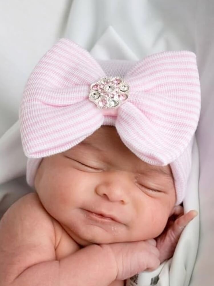 Newborn Baby Girl Hospital Hat Pink With Bow And Rhinestone