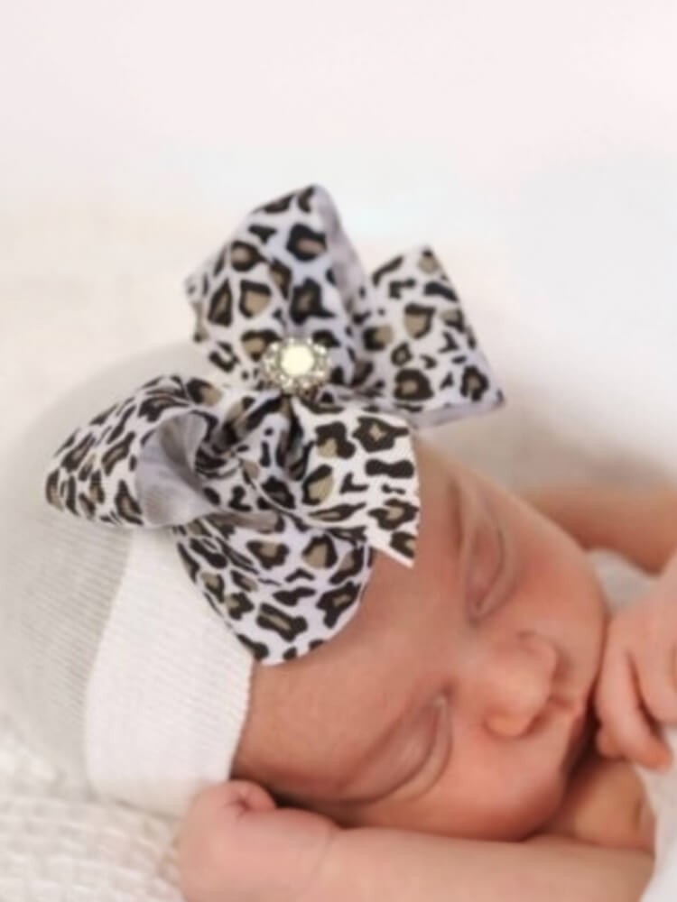 Newborn Baby Girl Hospital Hat With Bow Leopard