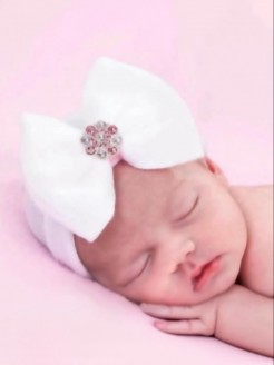 Newborn Hospital Hat white with bow and rhinestone
