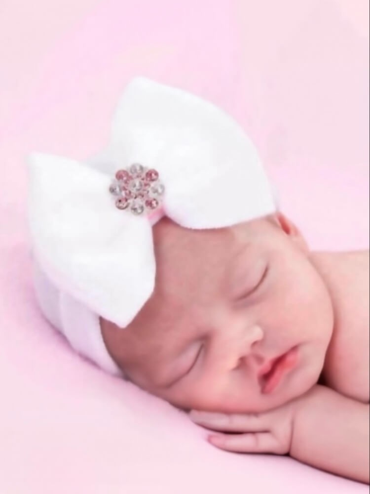 Newborn Hospital Hat white with bow and rhinestone