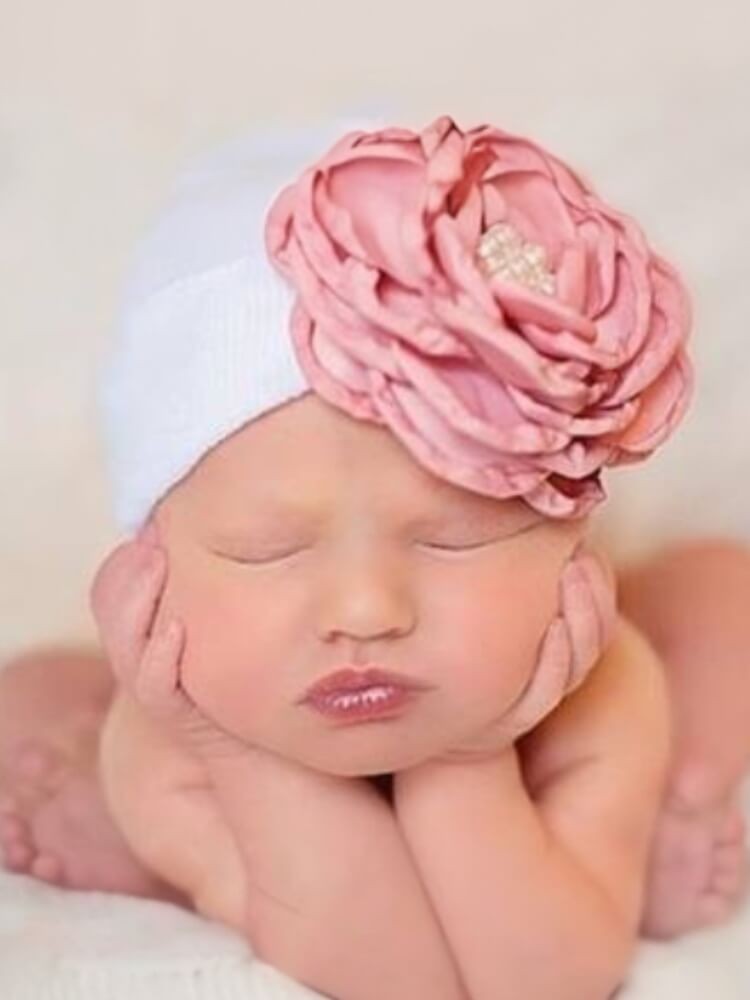 Newborn Baby Girl Hospital Hat With Satin Flower