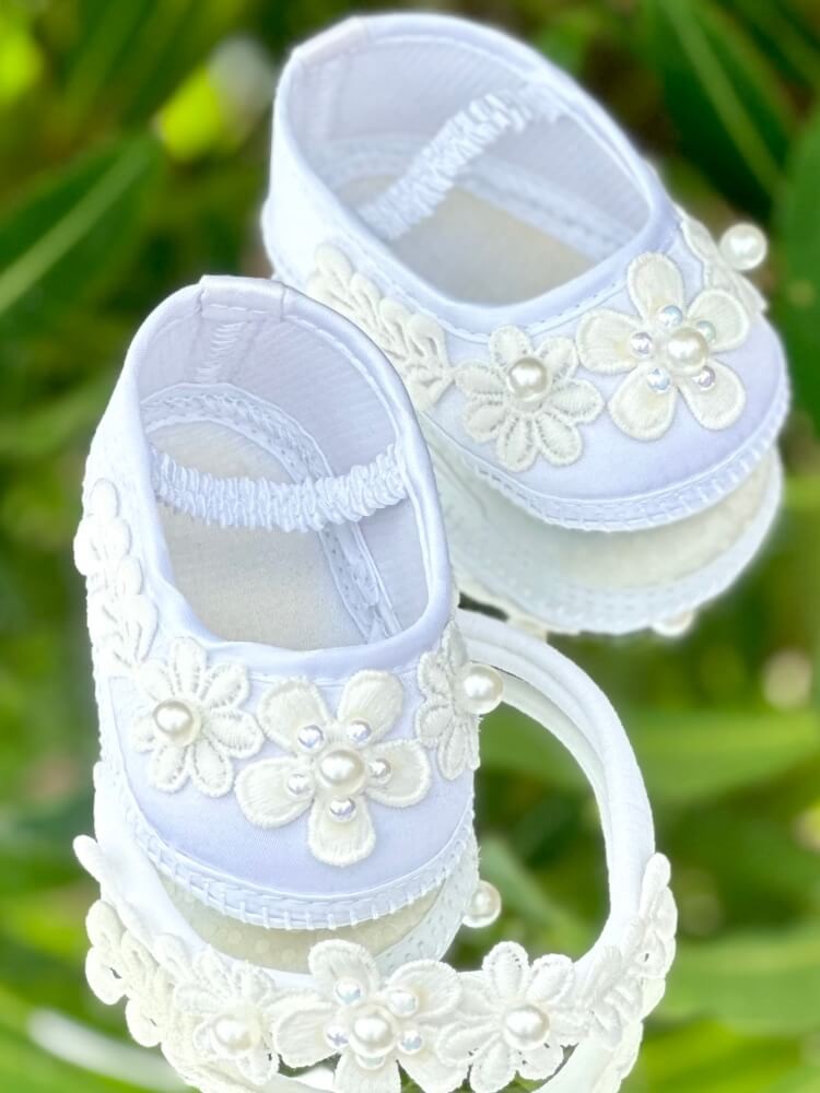 Baby Girl Christening Shoes Pearl Flowers