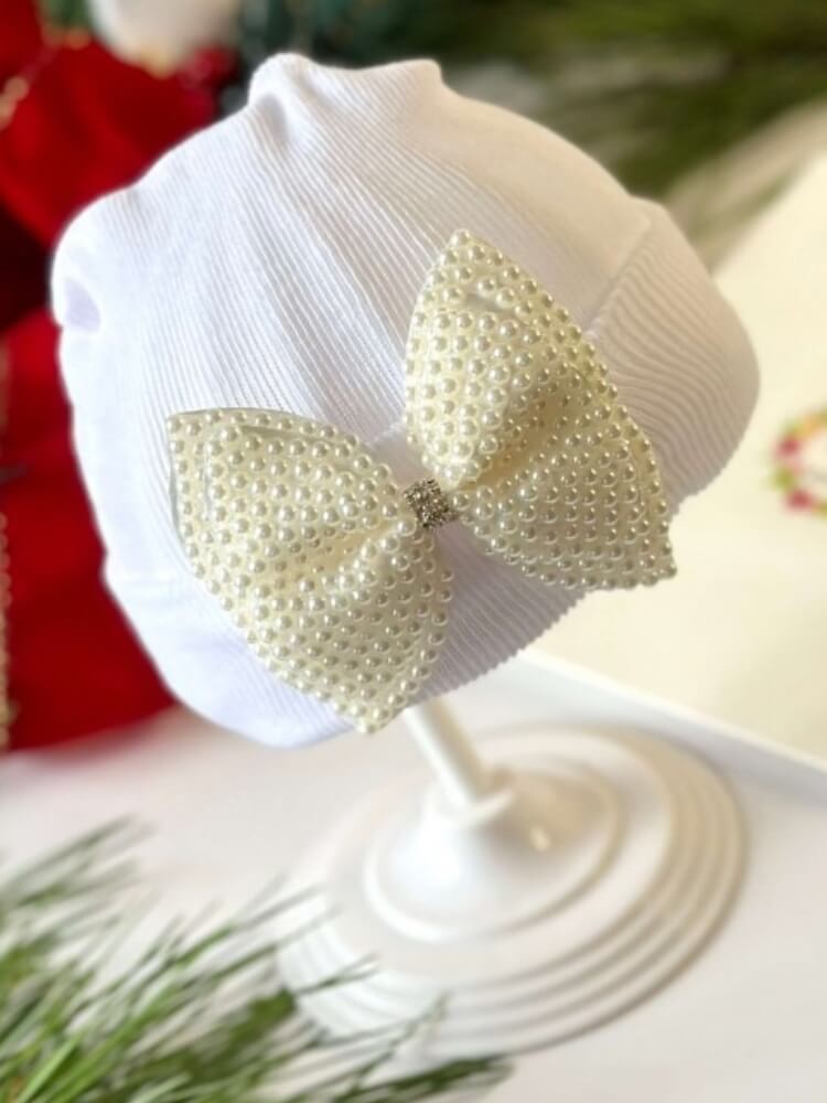 Newborn Baby Girl Hospital Hat With Big Pearls Bow