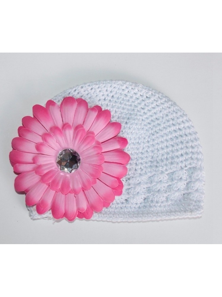 Crochet Baby Girl Hat Pink Daisy Flower