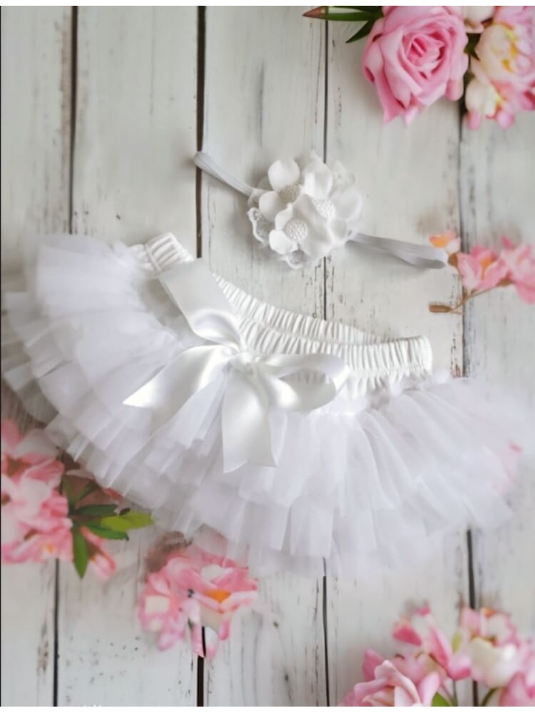 Baby Girl Tutu Frilly Pants White Vintage With Headband