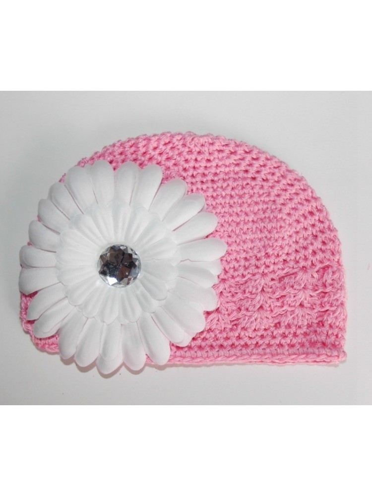 Crochet Baby Christening Hat Pink With White Flower
