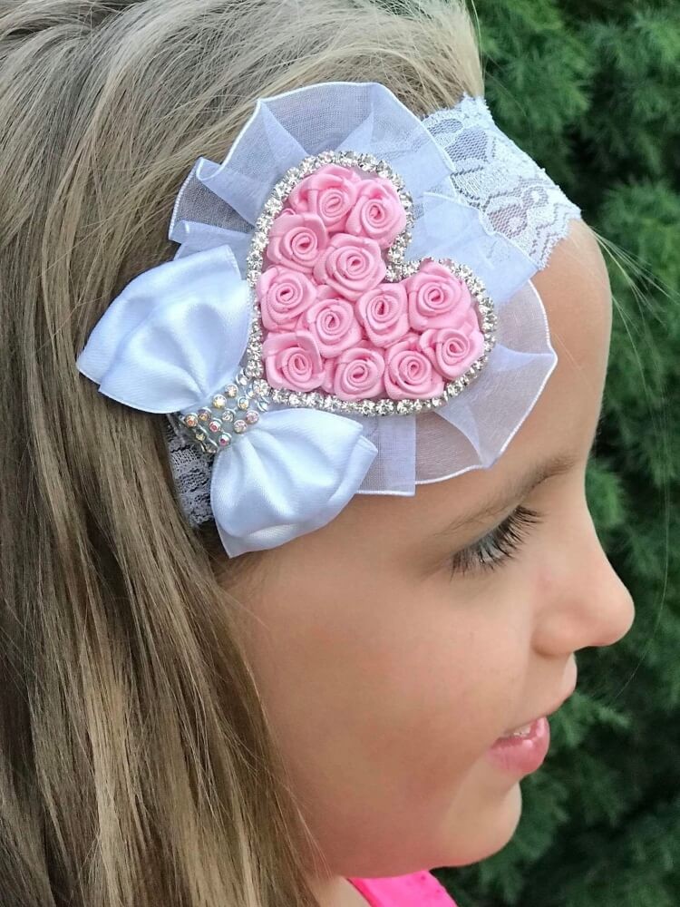 Christening Headband Baby Pink Rosette Heart