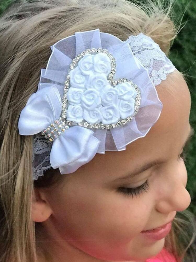 Luxury Christening Headband White Rosette Heart