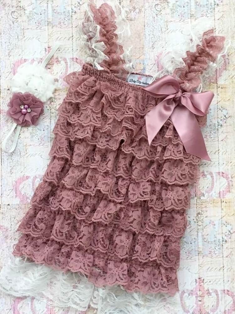 Baby Lace Romper Ivory And Dusty Pink With Headband