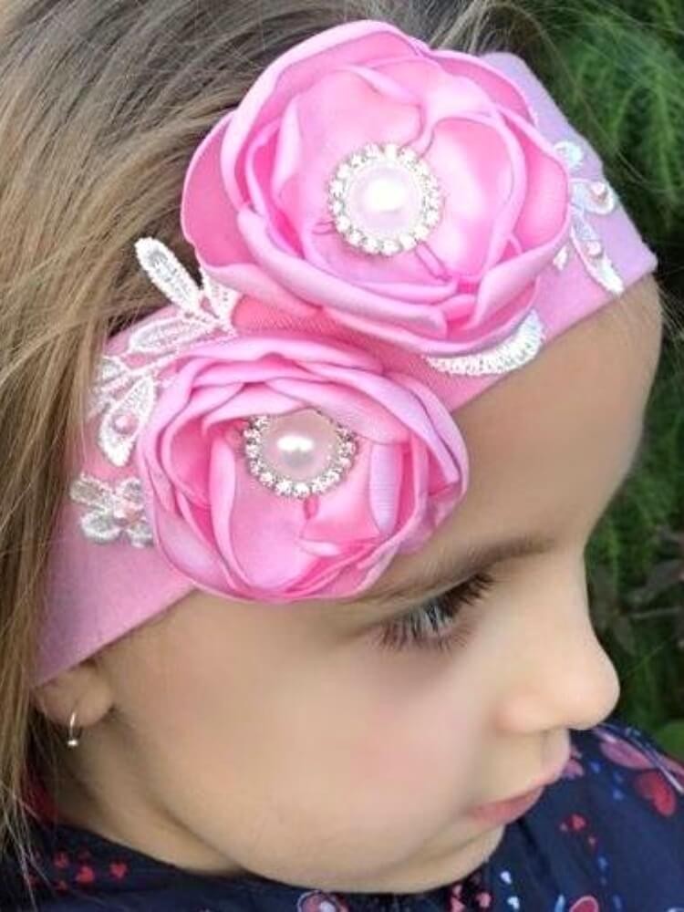 Cotton Baby Girl Headband Pink With Pink Flowers