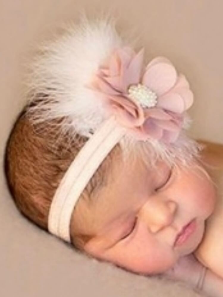 Baby girl headband dusty pink flower with feather