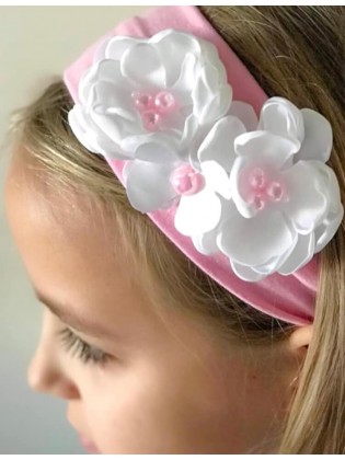 Cotton Girl Headband Pink With Pearl Flowers