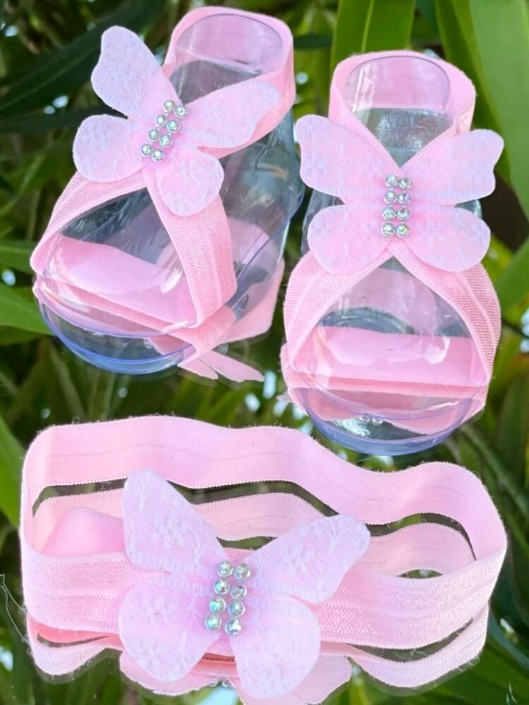 Baby Girl Barefoot Sandals Headband set Pink lace