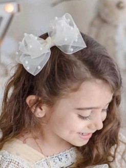 Girl Ivory Organza Bow Headband with Pearls