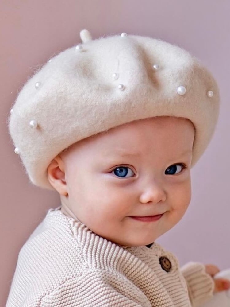 Baby Girl Ivory Pearls Beret Hat