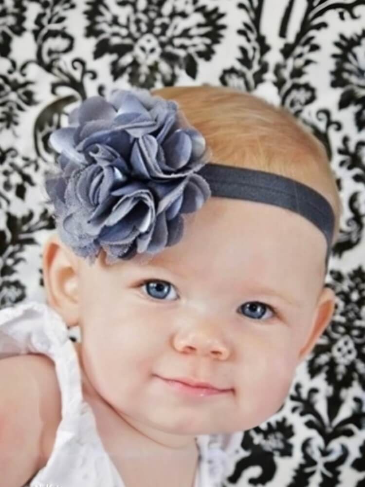 Baby Girl Headband Satin Tulle Flower Silver Grey