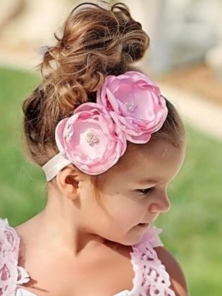 Luxury girls pink satin flower headband with two handmade flowers for christening and birthday