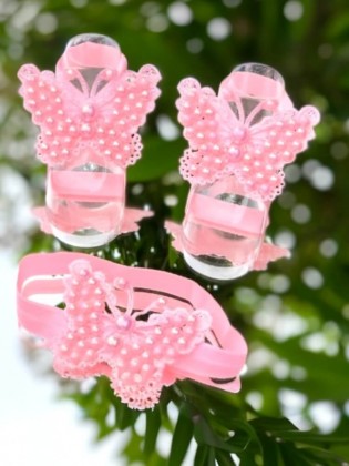 Baby Girl Barefoot Sandals Pink Pearls Butterflies