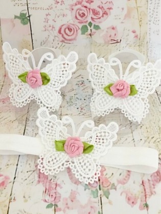 Baby Christening Barefoot Sandals White butterfly with Dusty Pink