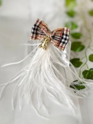 Plaid Bow Hair Clip with Teddy Bear