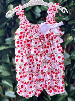 Ruffle baby girl romper in cherry print satin – newborn to 3 years