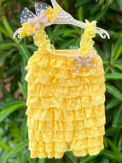 Handmade yellow lace romper with pearls, butterflies, tulle, and matching headband – perfect for special occasions.