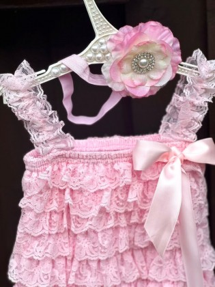 Elegant Pink Baby Dress with Lace & Headband – Perfect for Newborns