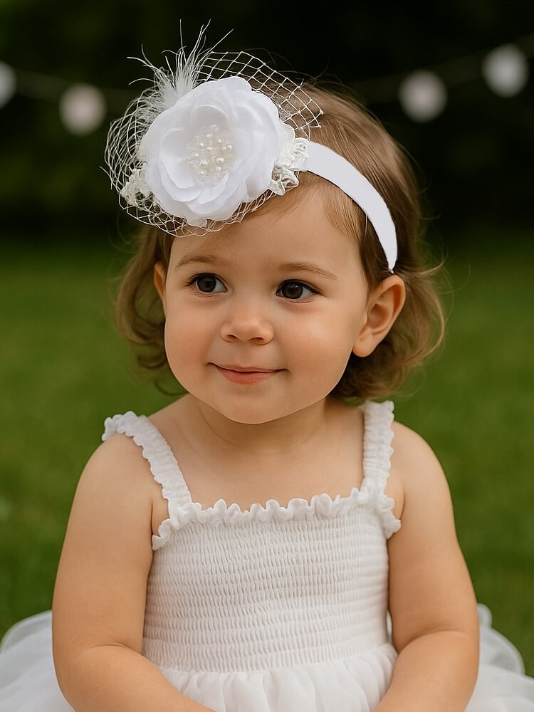 Flower Girl Wedding Headband White Flower Lace and Veil Flower Girl Wedding Headband White Flower Lace and Veil