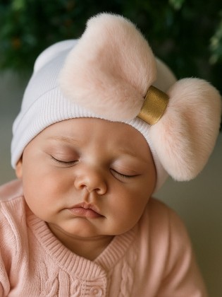 Newborn Hat for Baby Girl with Fluffy Pink Bow