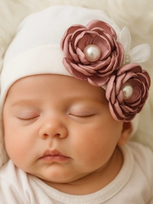 Newborn Baby Girl Hospital Hat With Dusty Pink Flowers