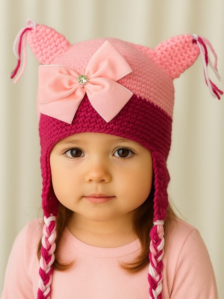 Girl Crochet Winter Hat Fuchsia with Pink Bow