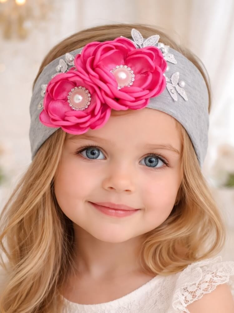 Handmade Girl Cotton Headband Grey With Magenta Flowers