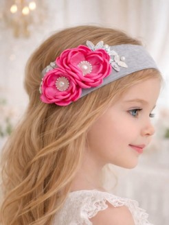 Handmade Baby Girl Cotton Headband Grey With Magenta Flowers