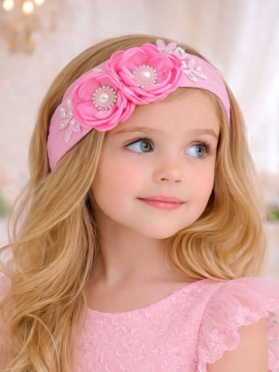 Handmade Girl Cotton Headband Pink Flowers and Lace