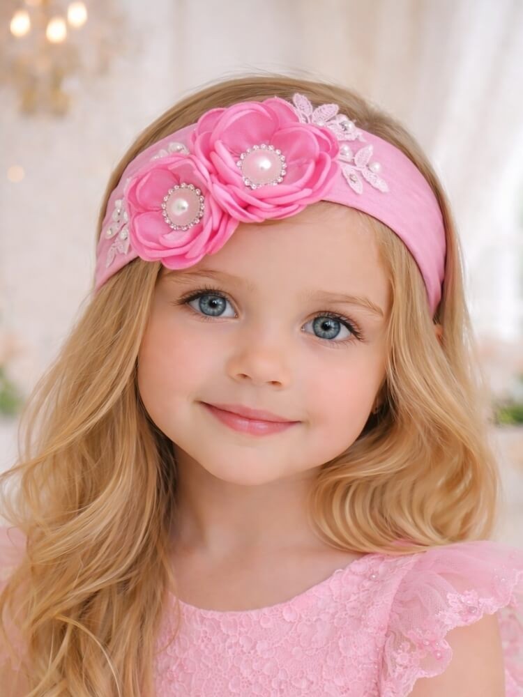 Handmade Girl Cotton Headband Pink Flowers and Lace